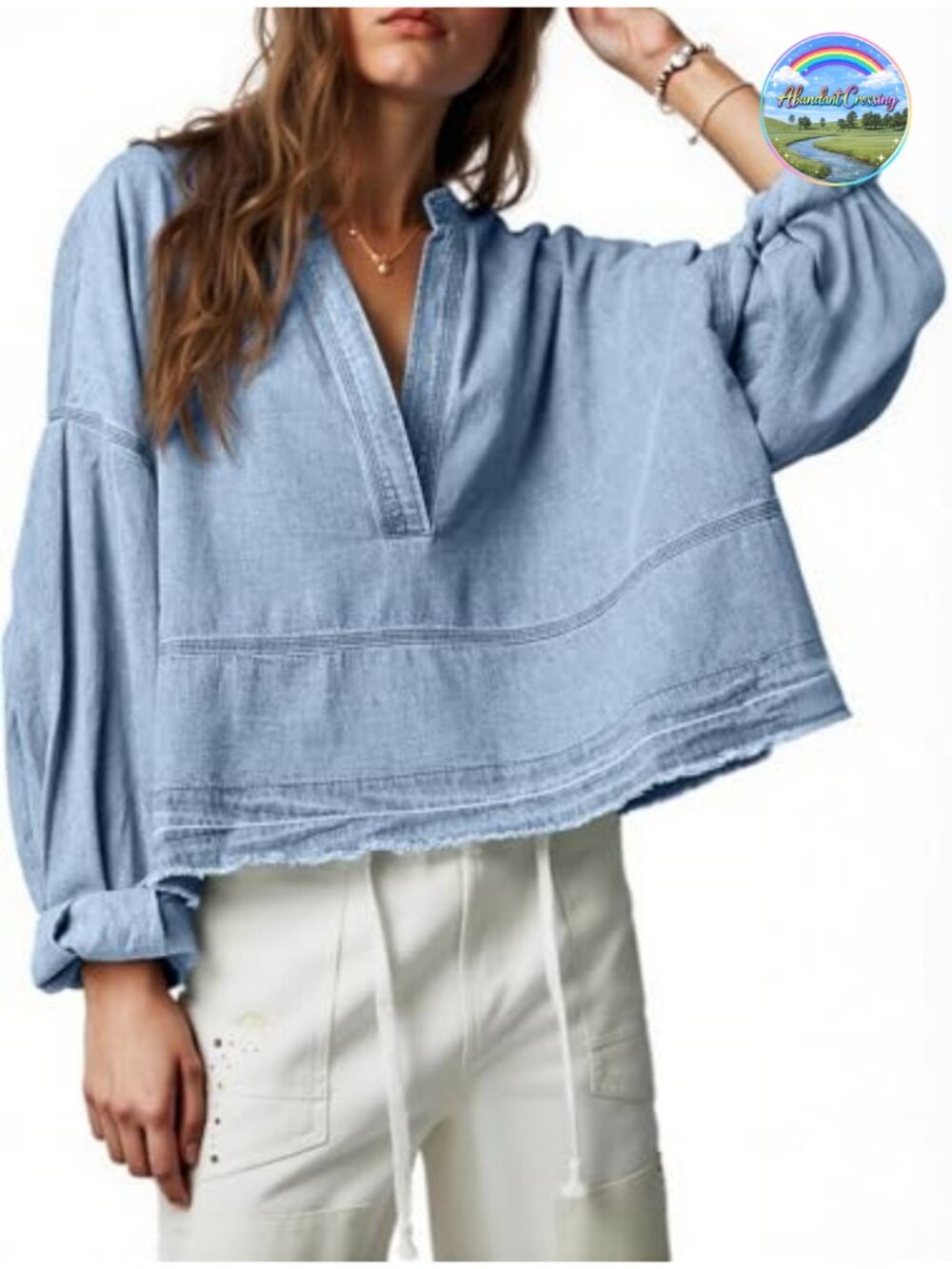 Women's Trendy Jean Shirt V Neck Puff Long Sleeve Casual Denim Top 100% Cotton